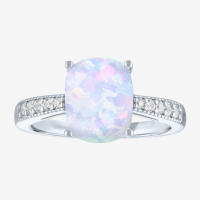 Womens Lab Created White Opal Sterling Silver Side Stone Solitaire Cocktail Ring