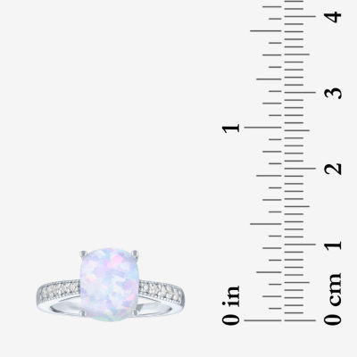 Womens Lab Created White Opal Sterling Silver Side Stone Solitaire Cocktail Ring