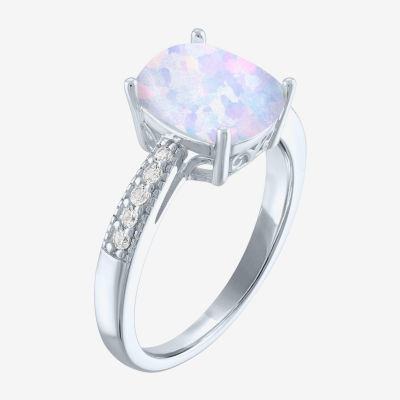 Womens Lab Created White Opal Sterling Silver Side Stone Solitaire Cocktail Ring