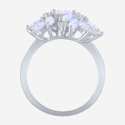 Womens Lab Created White Opal Sterling Silver Flower Cluster Cocktail Ring