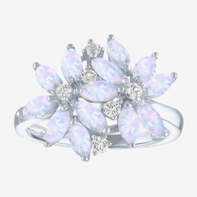 Womens Lab Created White Opal Sterling Silver Flower Cluster Cocktail Ring