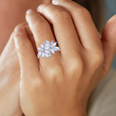 Womens Lab Created White Opal Sterling Silver Flower Cluster Cocktail Ring