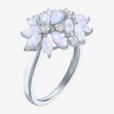 Womens Lab Created White Opal Sterling Silver Flower Cluster Cocktail Ring