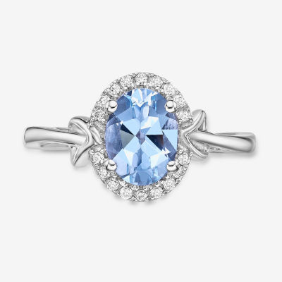 Womens Genuine Blue Aquamarine 10K White Gold Oval Cocktail Ring