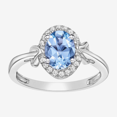 Womens Genuine Blue Aquamarine 10K White Gold Oval Cocktail Ring