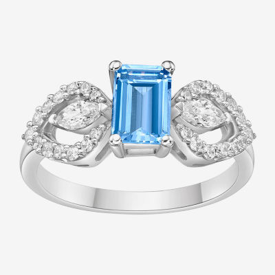 Womens Genuine Blue Aquamarine 10K White Gold Cocktail Ring