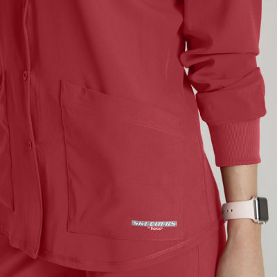 Skechers Sk401 Stability 2-Pocket Crewneck Snap-Front Warm-Up Womens Tag Free Stretch Fabric Moisture Wicking Scrub Jackets