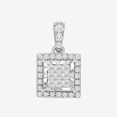 Tru Miracle Womens 1/4 CT. T.W. Natural White Diamond 10K White Gold Square Pendant Necklace