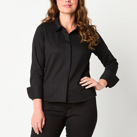 Liz Claiborne Cuffed Womens Long Sleeve Button-Down Shirt, Small, Black