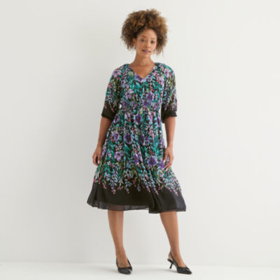 Danny & Nicole Womens 3/4 Sleeve Floral Midi Fit + Flare Dress