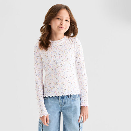Thereabouts Little & Big Kid Girls Round Neck Long Sleeve T-shirt In White