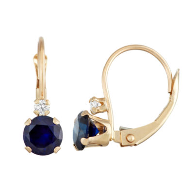 Lab Created Blue Sapphire 10K Gold Round Drop Earrings