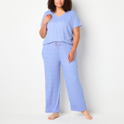 Jaclyn Womens Plus V-Neck Short Sleeve 2-pc. Pant Pajama Set