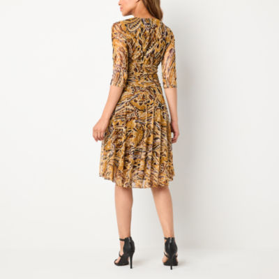 Rabbit Design Womens 3/4 Sleeve Paisley Fit + Flare Dress