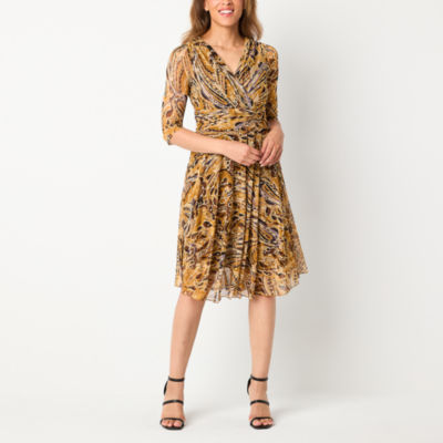 Rabbit Design Womens 3/4 Sleeve Paisley Fit + Flare Dress