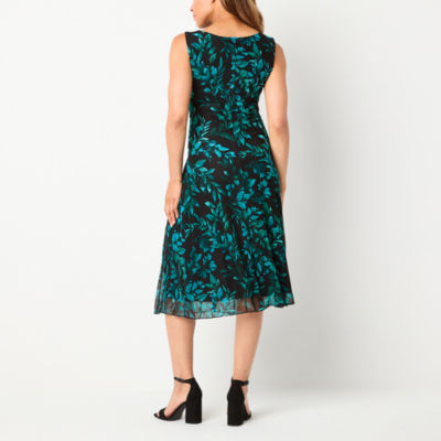 Connected Apparel Womens Sleeveless Leaf Midi Fit + Flare Dress