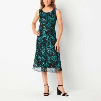 Connected Apparel Womens Sleeveless Leaf Midi Fit + Flare Dress