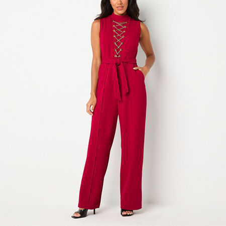 Bold Elements Chain Lace Up Jumpsuit Womens Sleeveless Jumpsuit, Petite Small, Red