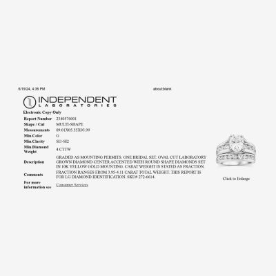 (G / Si1-Si2) Womens 4 CT. T.W. Lab Grown White Diamond 10K Gold Oval Side Stone Bridal Set