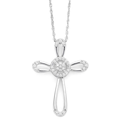 diamond blossom 1/10 CT.T.W. Diamond 10K White Gold Cross Pendant Necklace