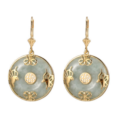 Womens Genuine Green Jade 18K Gold Over Silver Drop Earrings