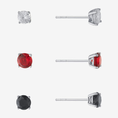 Silver Treasures Womens Cubic Zirconia Sterling Silver 3 Pair Earring Set