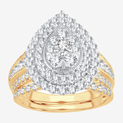Womens 2 CT.T.W. Natural Diamond 10K or 14K Gold Pear Side Stone Halo Bridal Set
