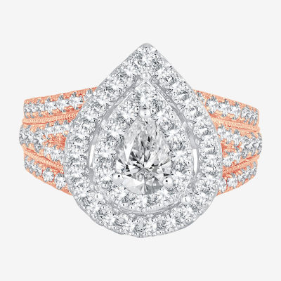 (H-I / SI1-SI2) Signature By Modern Bride Womens 2 CT. T.W. Lab Grown White Diamond 10K Gold Pear Side Stone Halo Engagement Ring