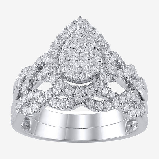 Signature By Modern Bride Womens 1 CT. T.W. Genuine White Diamond 10K White Gold Pear Bridal Set