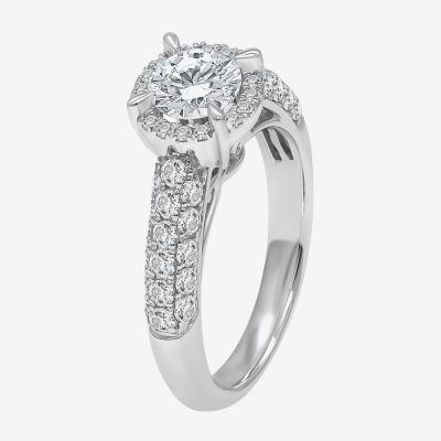 Womens 2 CT. T.W. Natural White Diamond 14K White Gold Round Side Stone Halo Engagement Ring