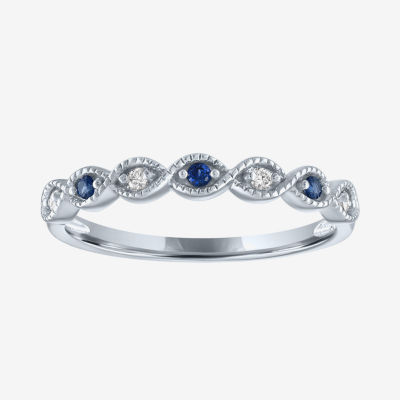 (G-H / Si2-I1) Diamond Accent Lab Created Blue Sapphire 10K White Gold Wedding Band