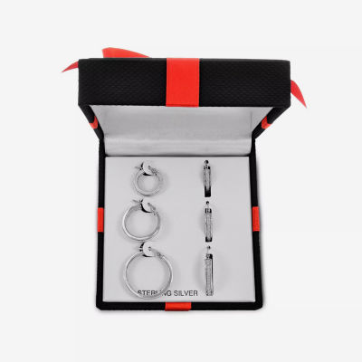 Sterling Silver Rhodium Plated Glitter Hoop Earring Set