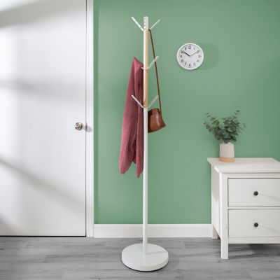 Honey Can Do White/Natural Modern Standing Coat Rack