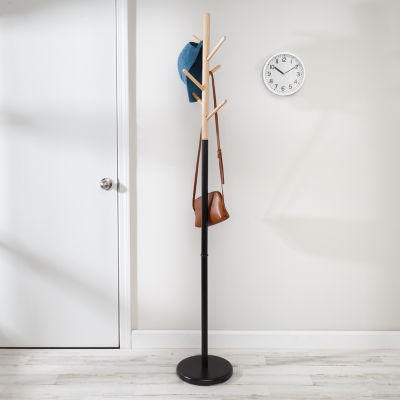 Honey Can Do Black/Natural Modern Standing Coat Rack