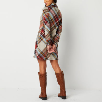 R & K Originals Womens Long Sleeve Plaid Shift Dress