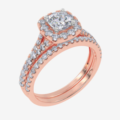 G / Vs2-Si1) Womens 1 CT. T.W. Lab Grown White Diamond 10K Rose Gold Cushion Side Stone Halo Bridal Set