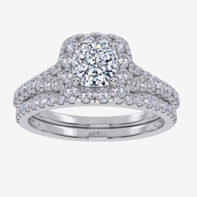 G / Vs2-Si1) Womens 1 CT. T.W. Lab Grown White Diamond 10K Gold Cushion Side Stone Halo Bridal Set