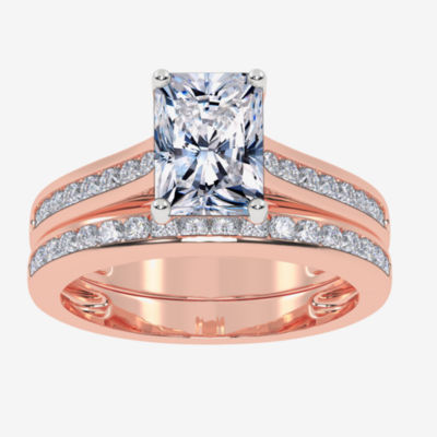(G / Vs2-Si1) Womens 1 1/2 CT. T.W. Lab Grown White Diamond 10K Rose Gold Rectangular Side Stone Bridal Set