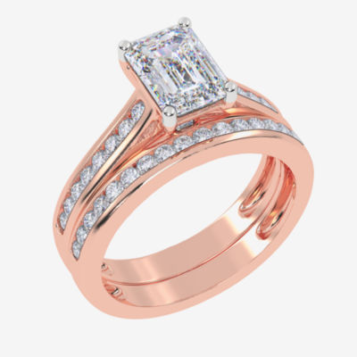 (G / Vs2-Si1) Womens 1 1/2 CT. T.W. Lab Grown White Diamond 10K Rose Gold Rectangular Side Stone Bridal Set