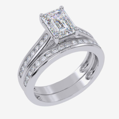 G / Vs2-Si1) Womens 1 1/2 CT. T.W. Lab Grown White Diamond 10K Gold Rectangular Side Stone Bridal Set