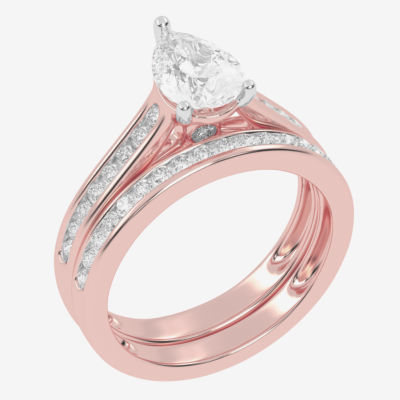 (G / Vs2-Si1) Womens 1 1/2 CT. T.W. Lab Grown White Diamond 10K Rose Gold Pear Side Stone Bridal Set