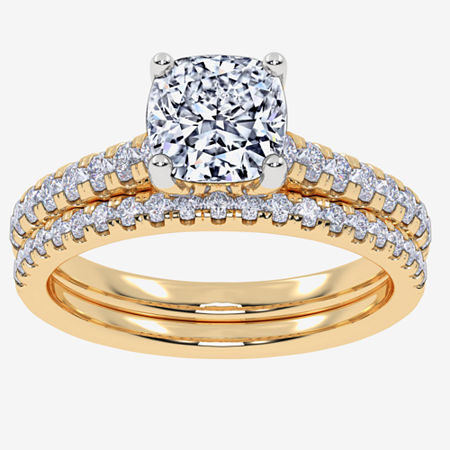 (H-I / Si2-I1) Womens 1 1/2 CT. T.W. Lab Grown White Diamond 10K Gold Cushion Side Stone Bridal Set, 6, Yellow