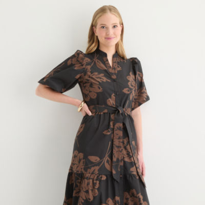 Sandra Darren Womens Short Sleeve Floral Midi Fit + Flare Dress
