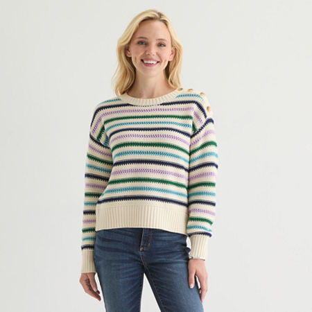 St. John's Bay Womens Crew Neck Long Sleeve Pullover Sweater In Brown