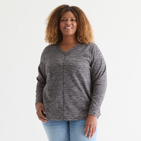 St. John's Bay Womens Polar Fleece V Neck Long Sleeve Plus Sweatshirt In Gray