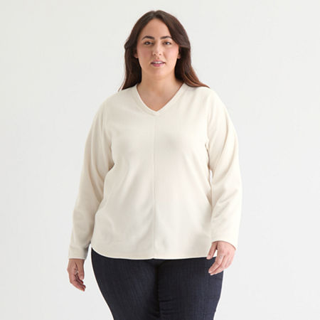 St. John's Bay Womens Polar Fleece V Neck Long Sleeve Plus Sweatshirt, 3x, White