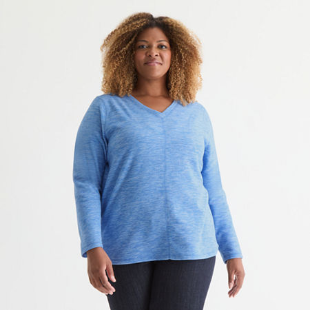 St. John's Bay Womens Polar Fleece V Neck Long Sleeve Plus Sweatshirt, 0x, Blue