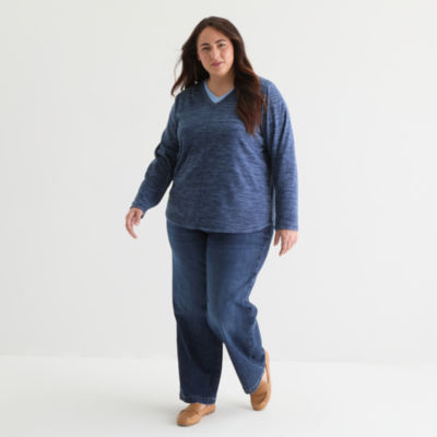 St. John's Bay Womens Polar Fleece V Neck Long Sleeve Plus Sweatshirt