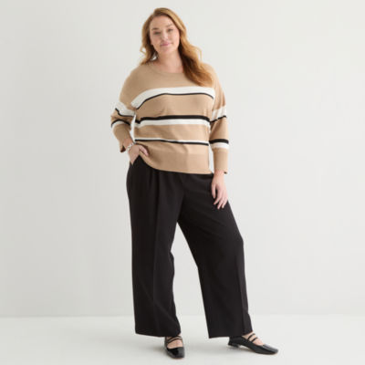 Liz Claiborne Plus Womens Crew Neck 3/4 Sleeve Striped Pullover Sweater