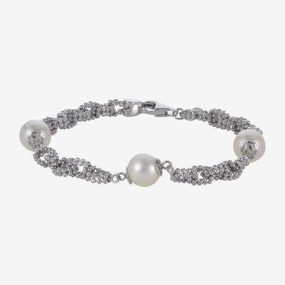 Cultured Freshwater Pearl Sterling Silver Station Chain Bracelet